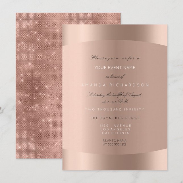 Convites Rosa Dourado Preto Branco Glitter Mínimo Brilhante (Frente/Verso)