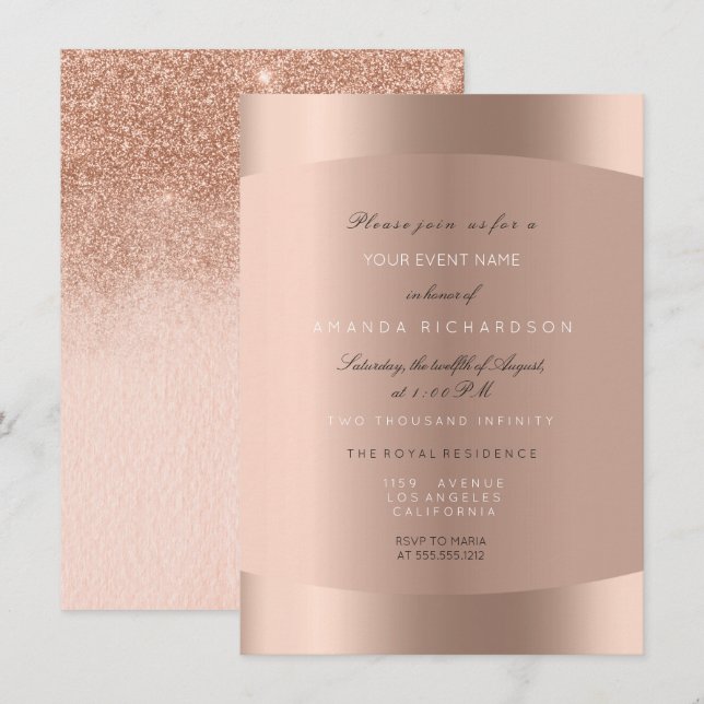 Convites Rosa Dourado Preto Branco Minimal Glitter Ombre (Frente/Verso)