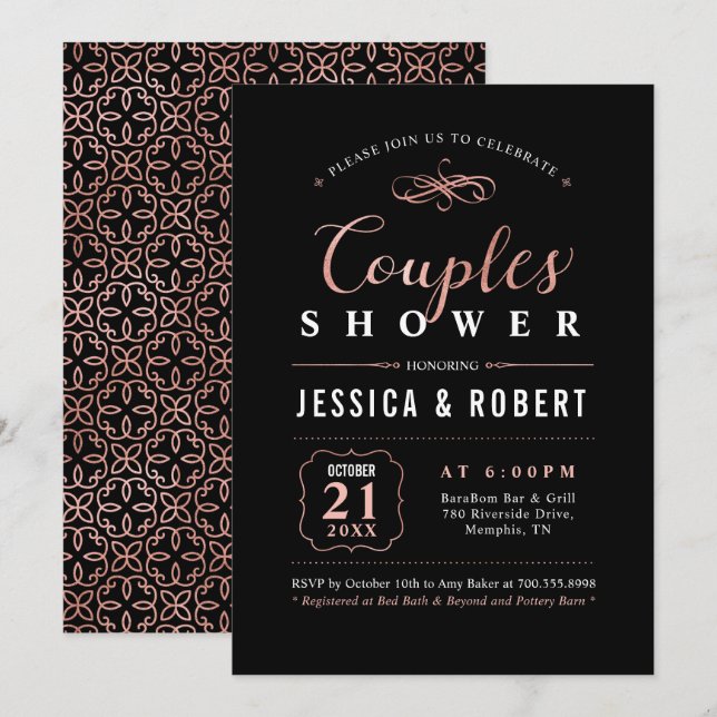Convites Rosa Dourado & Preto | Chuveiro de Casamento de Ca (Frente/Verso)