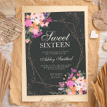 Convites Rosa dourado quadro cor-de-água floral cor-de-rosa<br><div class="desc">Carateres geométricos de rosa dourado e tipografia de confete com brilho Doce 16 anos com galhos de folha de cor floral de primavera suave pintados manualmente,  cor d'água,  rosa,  laranja,  flores de lavanda roxa amarela em fundo escuro,  perfeito para primavera e festa de aniversário de verão.</div>