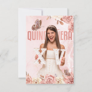 Convites Rosa Dourado Quinceanera Floral Princesa Borboleta