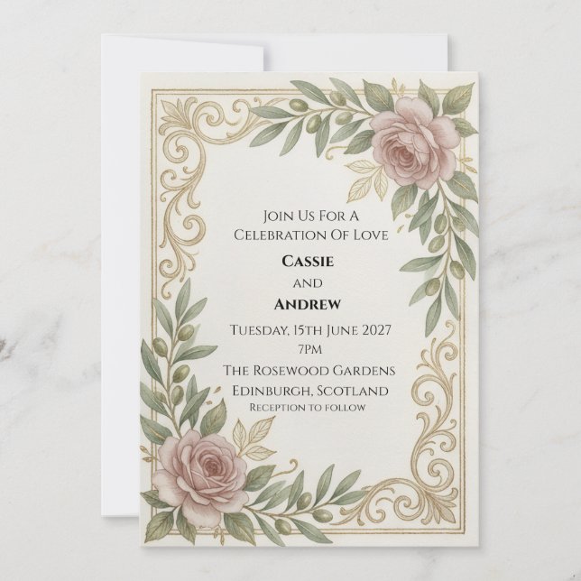 Convites Rosa Dourado Rolo Casamento (Frente)