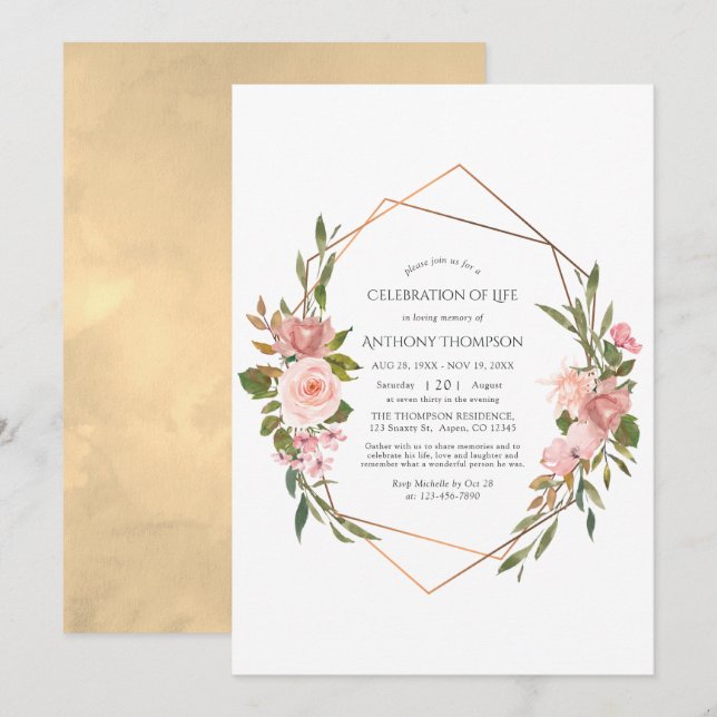 Convites Rosa Dourado & Rosa Bege Floral Celebração da Vida (Frente/Verso)