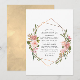 Convites Rosa Dourado & Rosa Bege Floral Celebração da Vida