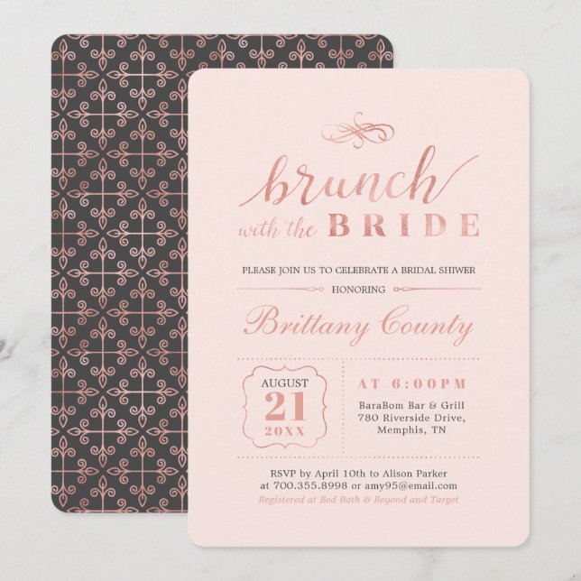 Convites Rosa Dourado & Rosa | Brunch de Casamento de Noiva (Frente/Verso)