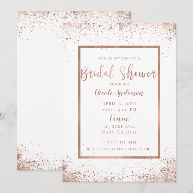 Convites Rosa Dourado Rosa Glam Moderno Chique Chá de Noiva (Frente/Verso)