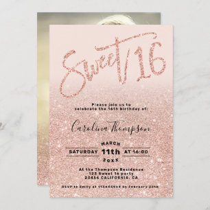 Convites Rosa dourado script chic blush Sweet 16 foto