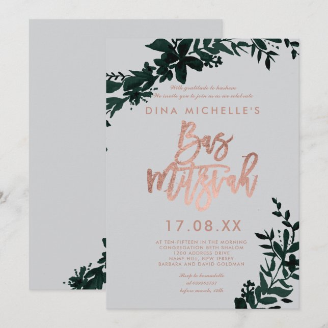 Convites Rosa dourado script Floral verde cinza bas mitzvah (Frente/Verso)