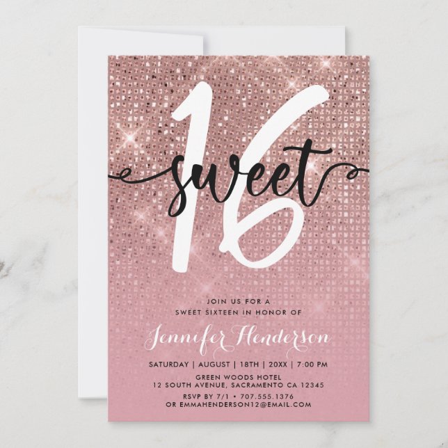 Convites Rosa Dourado Shimmer Doce Dezesseis Festas de aniv (Frente)