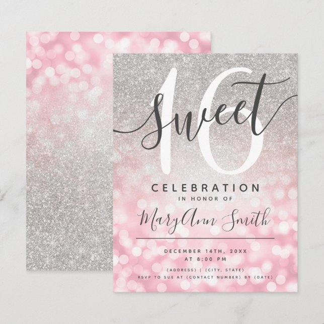 Convites Rosa Dourado Silver Glitter Glam Luzes 16º Anivers (Frente/Verso)