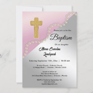 Convites Rosa Dourado Silver Metallic & Pearls Baptism