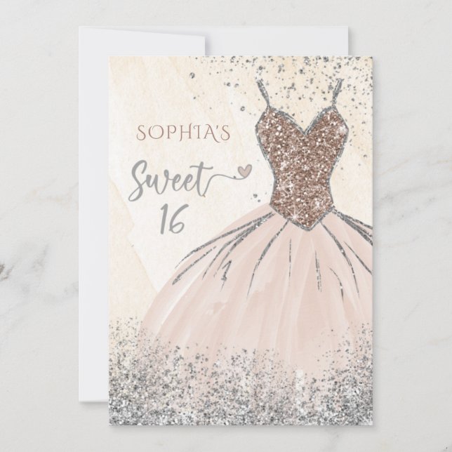 Convites Rosa Dourado Silver Sparkle Dress 16 anos (Frente)