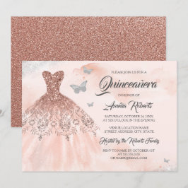 Convites Rosa Dourado Sparkle Dress Watercolor Quinceanera