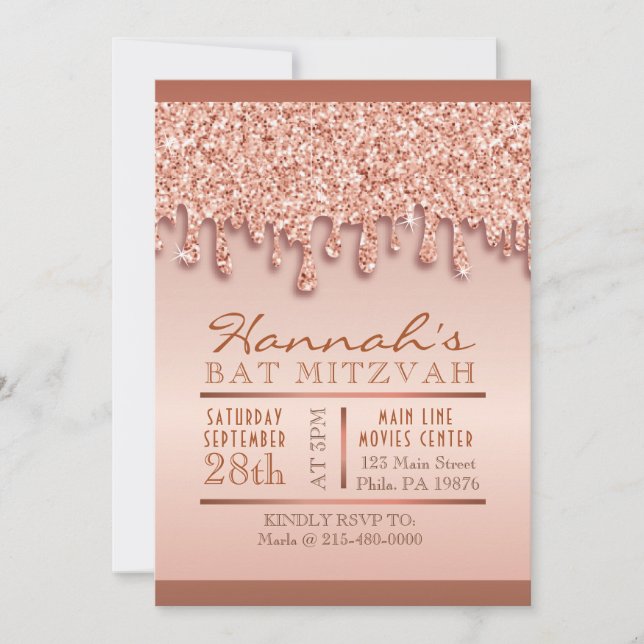 Convites Rosa Dourado Sparkle Drive Bat Mitzvah Convidar (Frente)