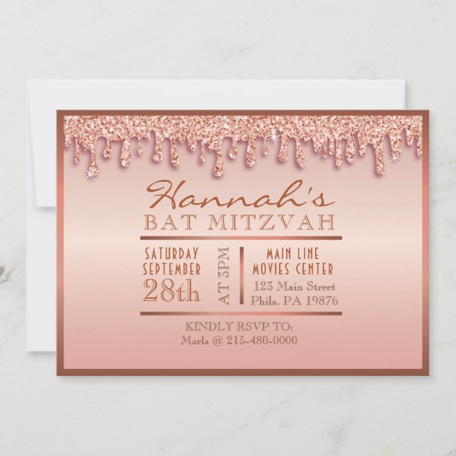 Convites Rosa Dourado Sparkle Drive Bat Mitzvah Convidar (Frente)