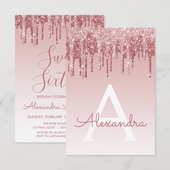 Convites Rosa Dourado Sparkle Glitter Doce Dezesseis Aniver (Frente/Verso)