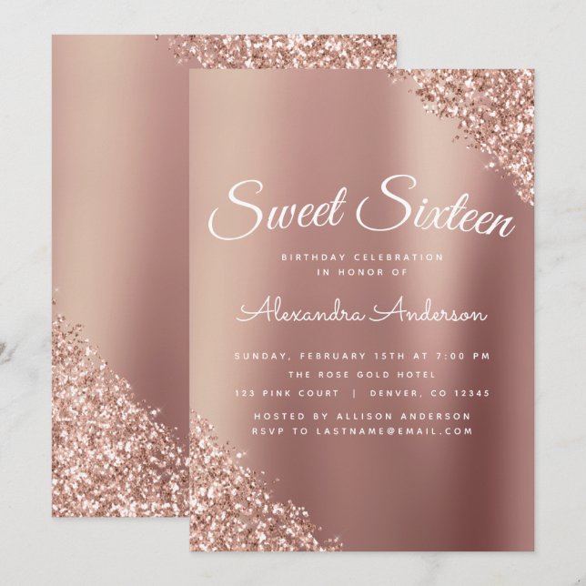 Convites Rosa Dourado Sparkle Glitter Doce Dezesseis Aniver (Frente/Verso)
