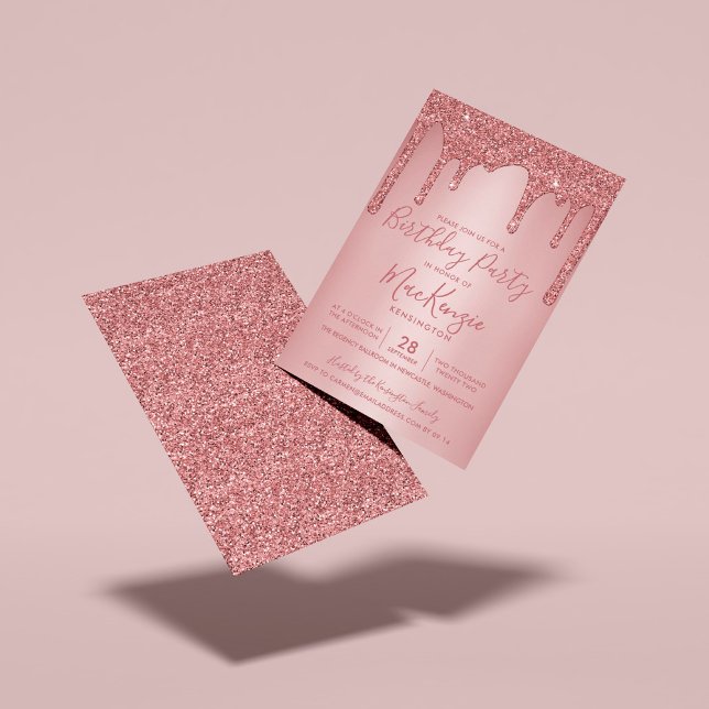 Convites Rosa Dourado Sparkle Glitter Drives A Qualquer Ano (Rose Gold Dripping Glitter Birthday Party Invitations)