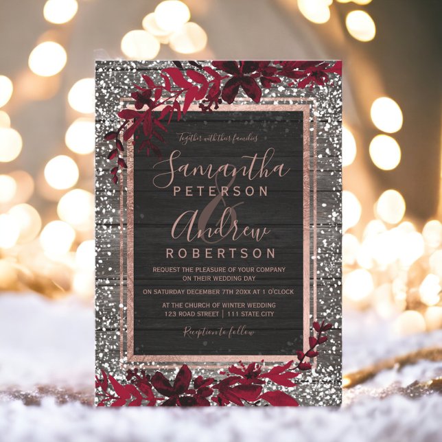 Convites Rosa dourado tipografia folha vermelha madeira de  (Rose gold typography red leaf snow wood wedding invitation)
