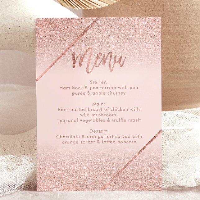 Convites Rosa dourado- tipografia pincelada- pincel menu ro (Rose gold glitter typography blush pink menu invitation)