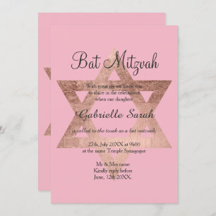 Convites Rosa dourado tipografia rosa Bat Mitzvah