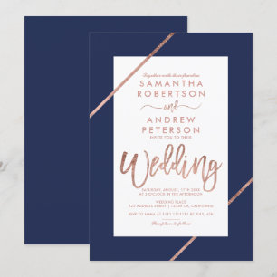 Convites Rosa dourado tipografia stripes marinho casamento