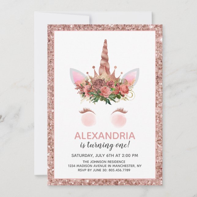 Convites Rosa Dourado Unicorn Princess Birthday (Frente)