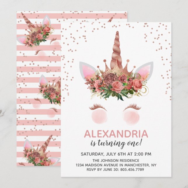 Convites Rosa Dourado Unicorn Princess Birthday (Frente/Verso)