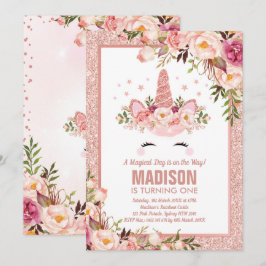 Convites Rosa Dourado Unicórnio / Festa de aniversário mági