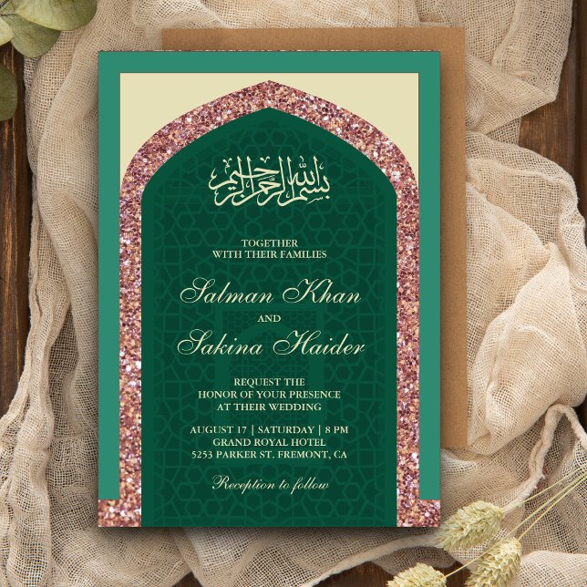 Convites Rosa Dourado Verde Esmeralda Glitter Mihrab Casame (Criador carregado)