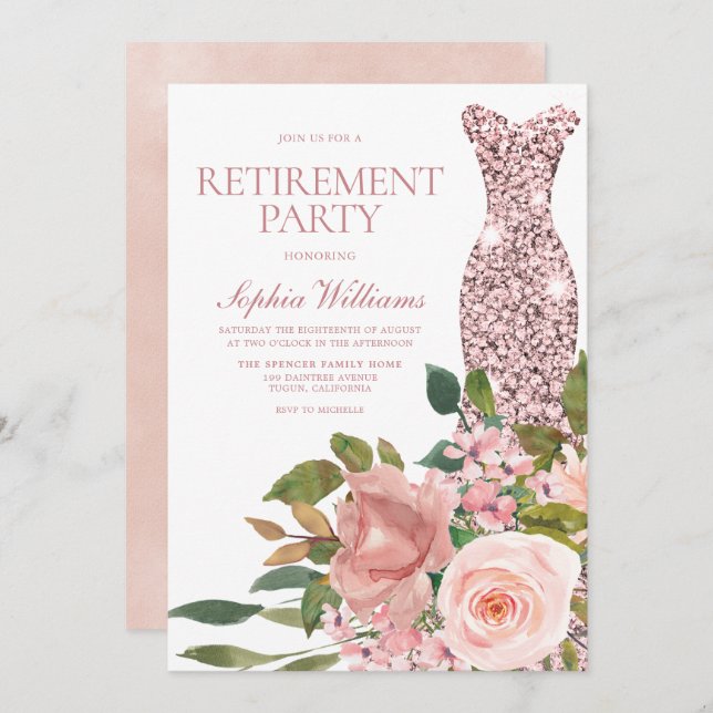 Convites Rosa Dourado Vestido Blush Pink Retirement Party (Frente/Verso)
