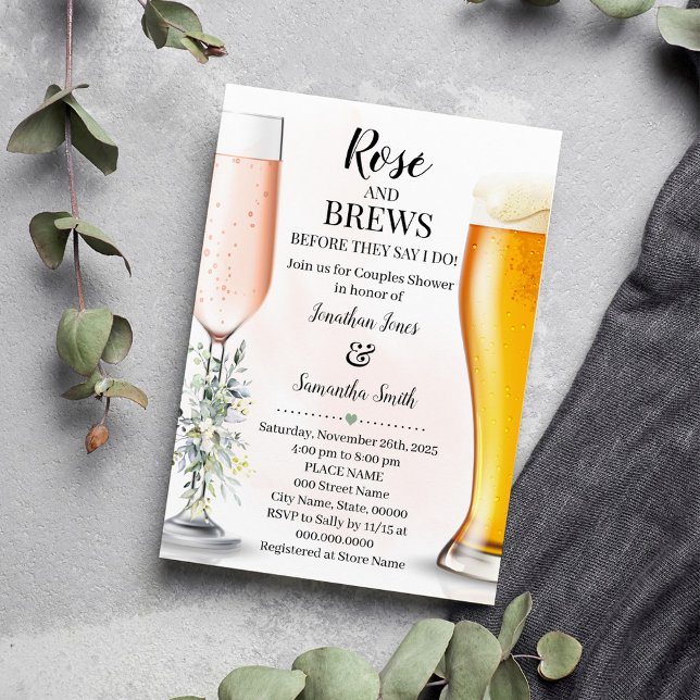 Convites Rosa e Brews Casais Casando Eucalyptus Greenery (Rose and Brews Before They say I do, Couples Shower Invitation)