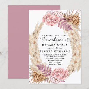 Convites Rosa e Casamento Floral Pampas Seco
