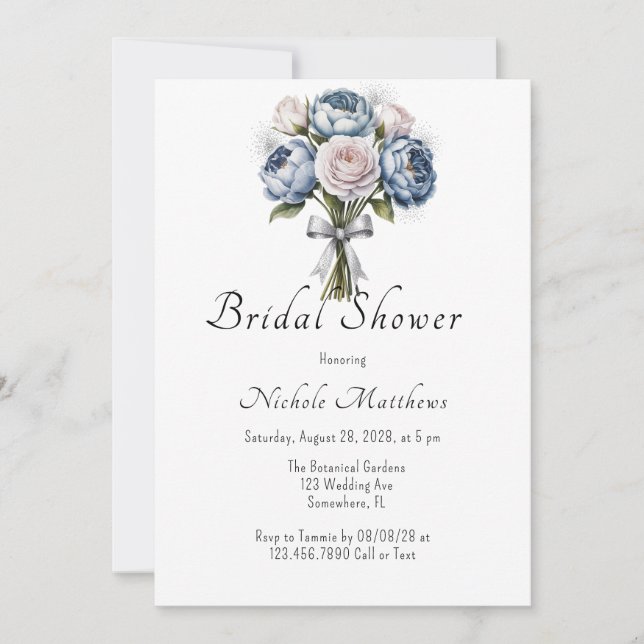 Convites Rosa e Chá de panela brilhante de pedras azuis (Frente)