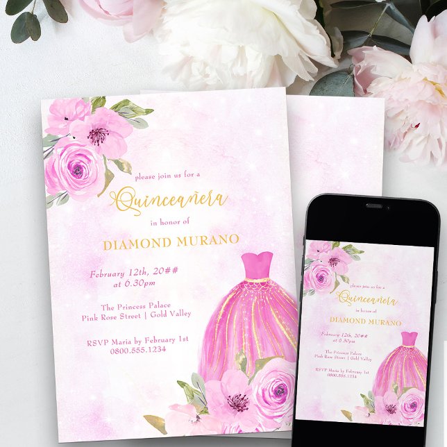 Convites Rosa e Dourada Princesa Floral Dress Quinceanera (Quinceanera Invitation from my Galaxy Floral Princess Quinceanera collection)