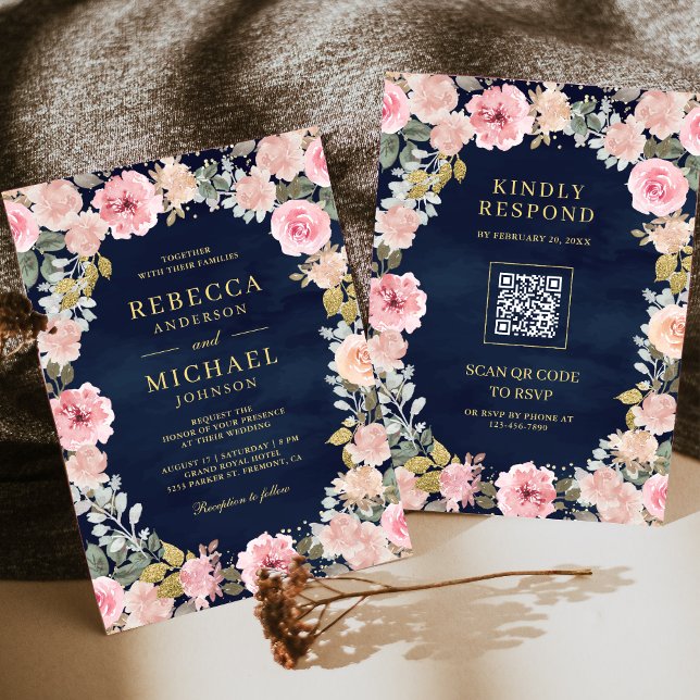 Convites Rosa e Dourado Código QR Floral Azul Marinho Casam (Criador carregado)