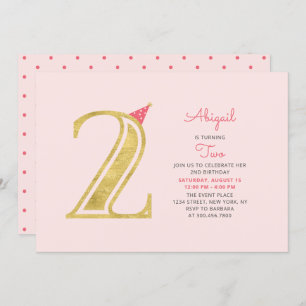 Convites Rosa e Dourado Festa de segundo aniversário de M