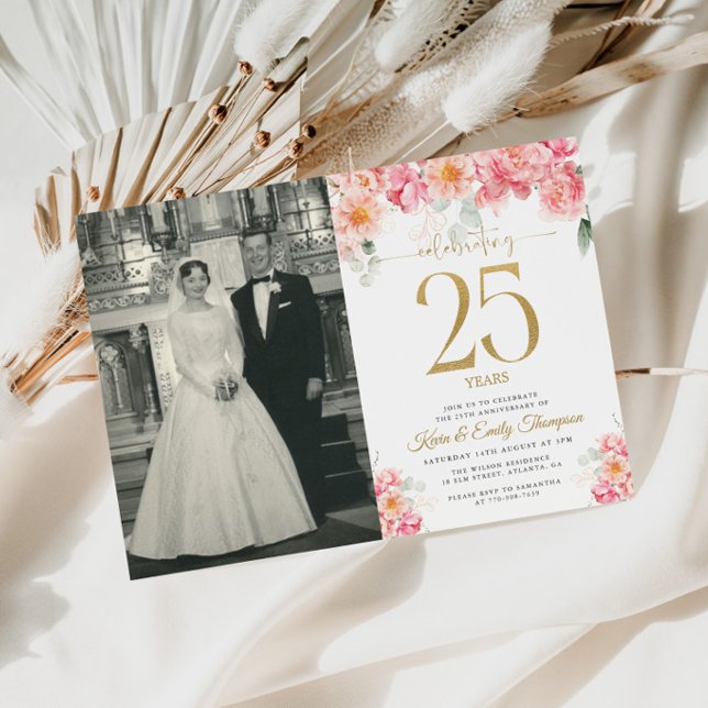 Convites Rosa e Dourado Floral 25º Aniversário (Criador carregado)