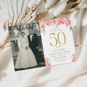 Convites Rosa e Dourado Floral 50º Aniversário