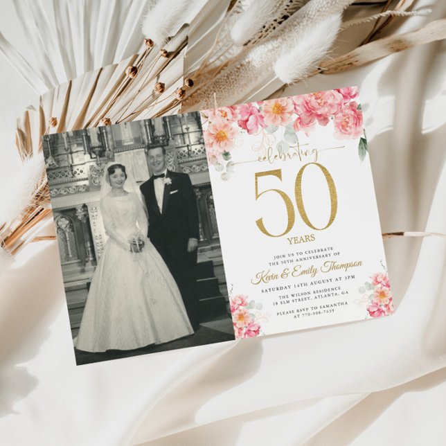 Convites Rosa e Dourado Floral 50º Aniversário (Criador carregado)