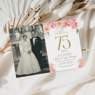 Convites Rosa e Dourado Floral 75º Aniversário