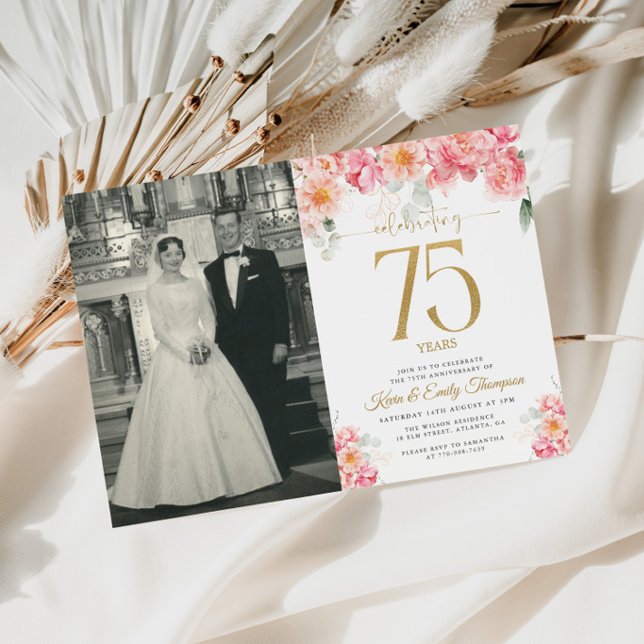 Convites Rosa e Dourado Floral 75º Aniversário (Criador carregado)