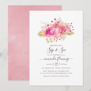 Convites Rosa e Dourado Floral Tropical Sip and See