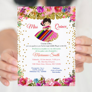 Convites Rosa e dourado Miss Quinceañera Mexicana
