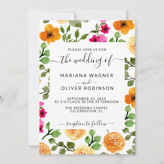 Convites Rosa e Laranja Simples Floral Elegante Script (Frente)