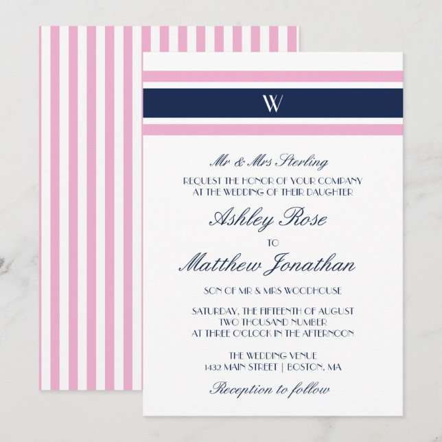 Convites Rosa e Marinho Azul | Casamento Monograma (Frente/Verso)