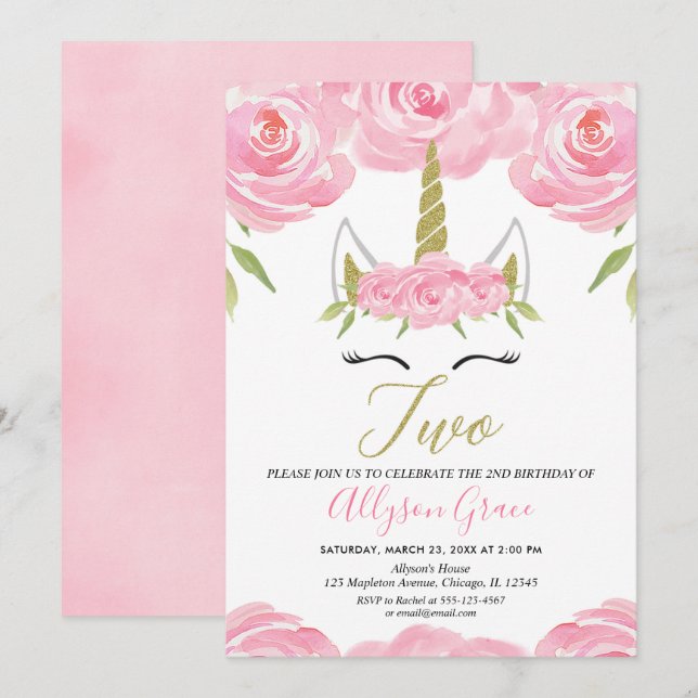 Convites rosa e menina do segundo aniversário do unicórnio (Frente/Verso)