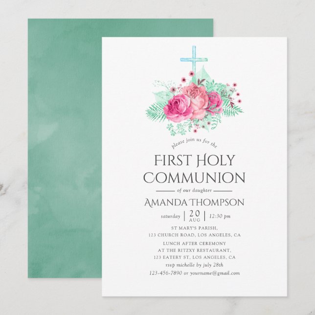 Convites Rosa e Mint Floral Primeira Comunhão Santa (Frente/Verso)
