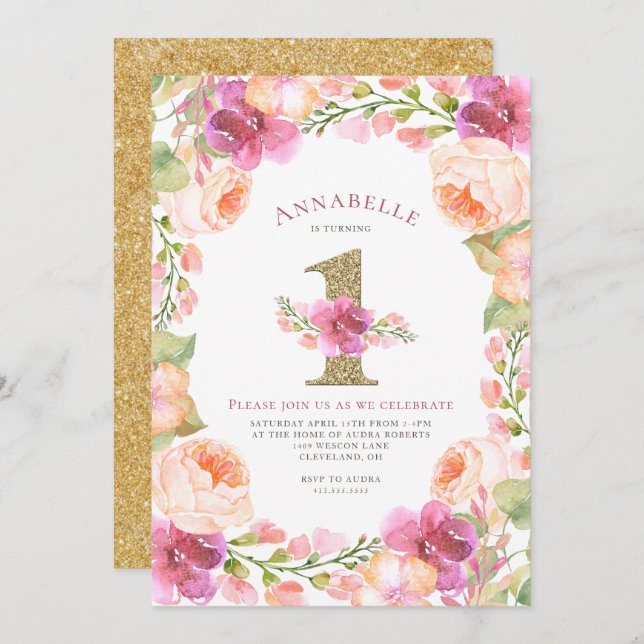 Convites Rosa e partido de primeiro aniversario floral (Frente/Verso)