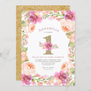 Convites Rosa e partido de primeiro aniversario floral